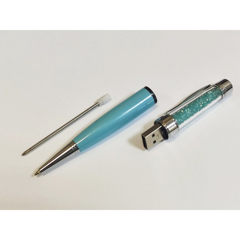 Флешка Ручка шариковая с кристаллами голубая 32GB