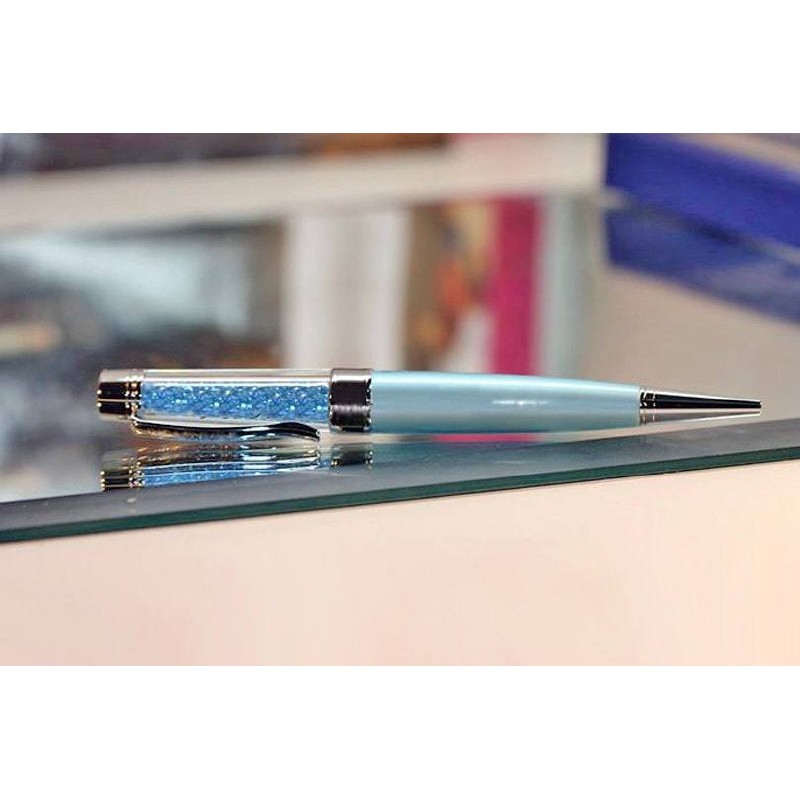 Флешка Ручка шариковая с кристаллами голубая