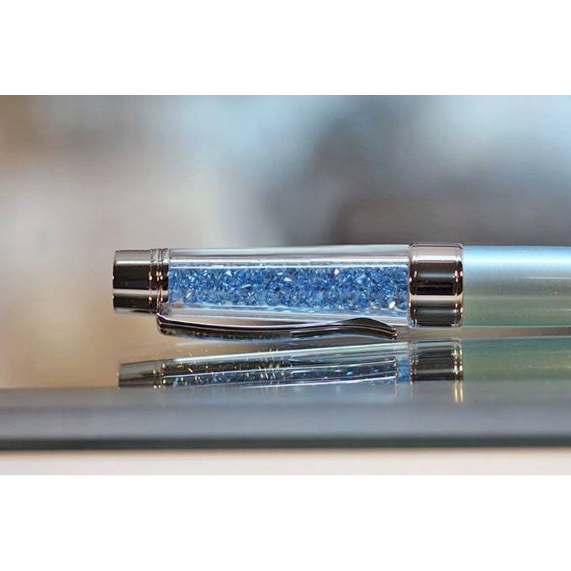 Флешка Ручка шариковая с кристаллами голубая
