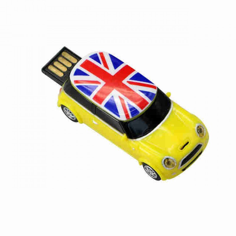 Флешка Автомобиль Мини Купер пластик желтый с флагом